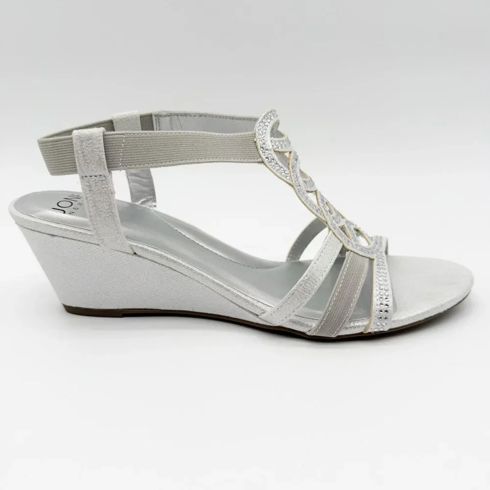 Jones New York Denice Strappy Bling Wedge Sandals Elastic Ankle Silver 7.5 NEW